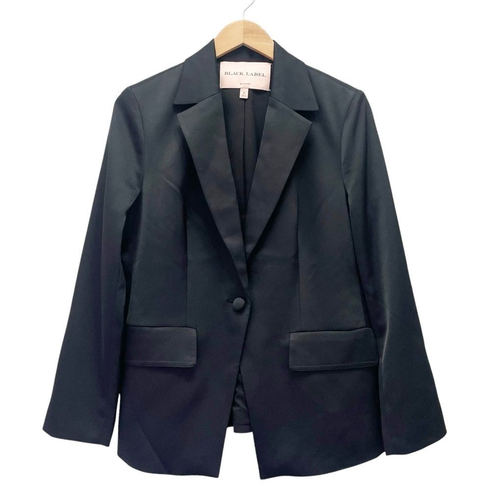 Chico’s Black Label Matte Black Satin Single Button Tuxedo Blazer Women’s Size 8 - Picture 5 of 13